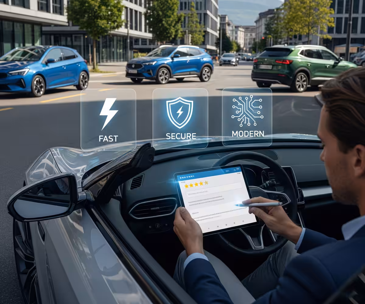 positive: Dynamische Szene mit mehreren Autos in einem städtischen Schweizer Umfeld, eine Person nutzt ein Tablet für Online-Bewertung, digitale Symbole für schnelle, sichere und moderne Ankaufprozesse sichtbar, Umgebung urban mit modernen Gebäuden und gepflegten Straßen, Stimmung professionell, effizient und vertrauenswürdig, Stil photo-réaliste cinématographique, Farbpalette natürliche Töne (Silber, Blau, Grün), Licht sonnig und klar, Perspektive weite Aufnahme, Fokus auf Auto, Person und digitale Elemente. negative: text, watermark