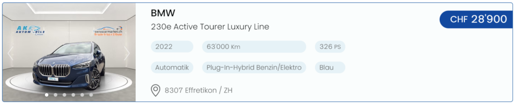 BMW 230e Active Tourer Luxury Line Occasion kaufen Zürich – 2022, 63'000 km, Plug-In-Hybrid, Automatik, Blau – CHF 28'900 bei SwissCarMarket
